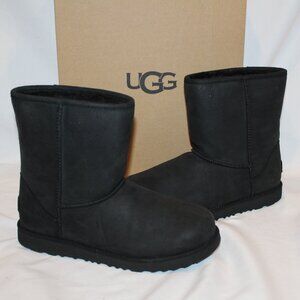 NIB UGG YOUTH 5 6‎ WOMEN'S 7 8 CLASSIC SHORT BLACK LEATHER WINTER BOOTS